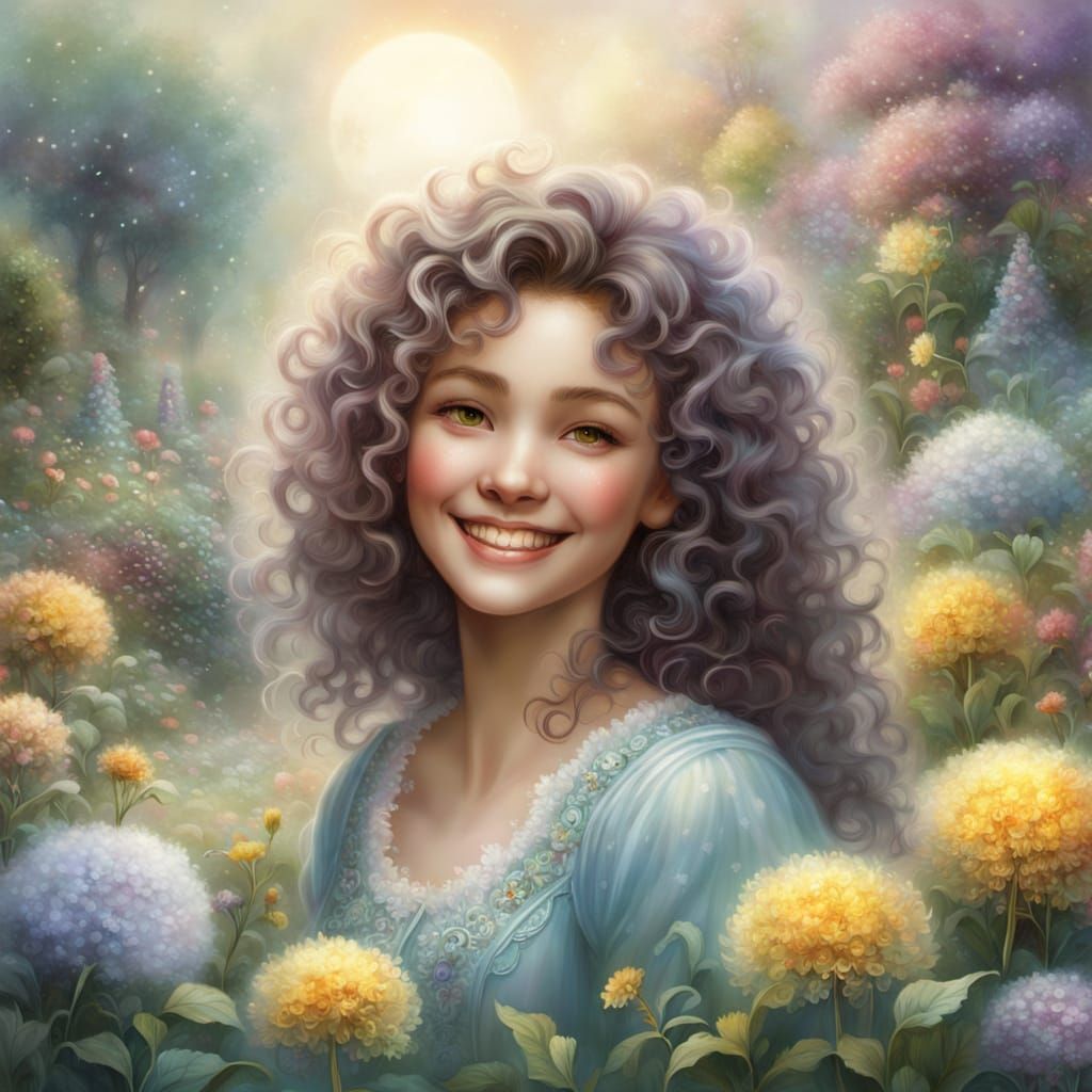 Ethereal Fantasy Art of a Smiling Woman in a Garden