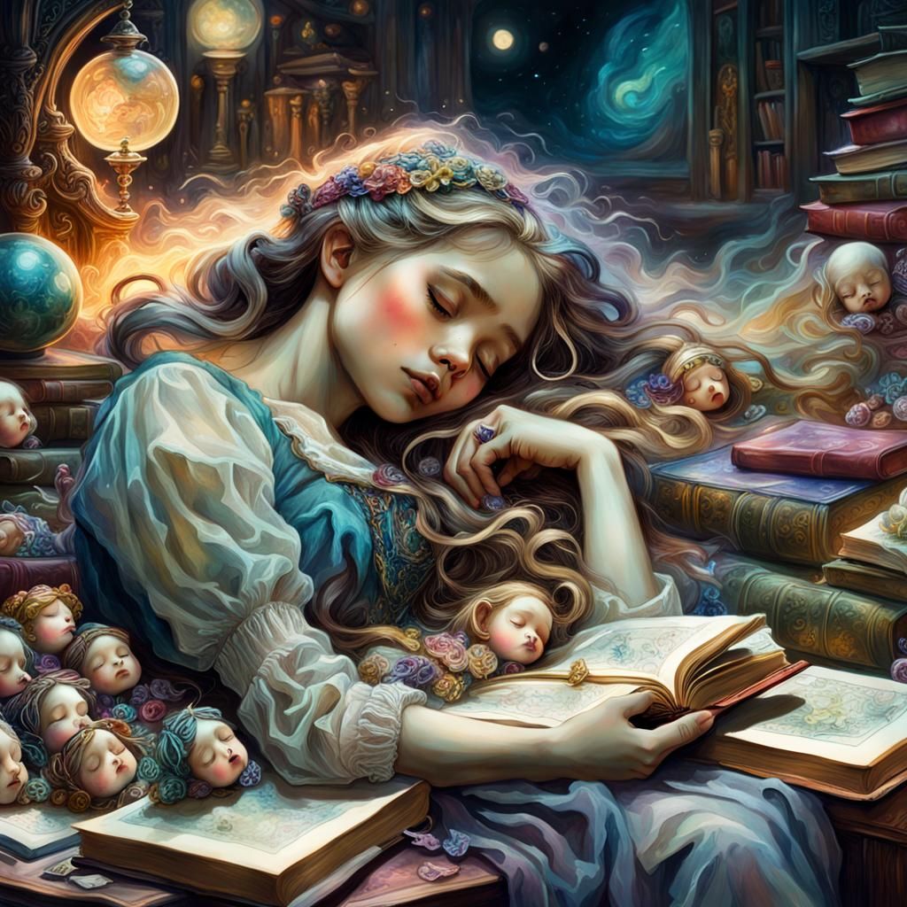 Girl Sleeping with Dolls in Watercolor Fantasycore