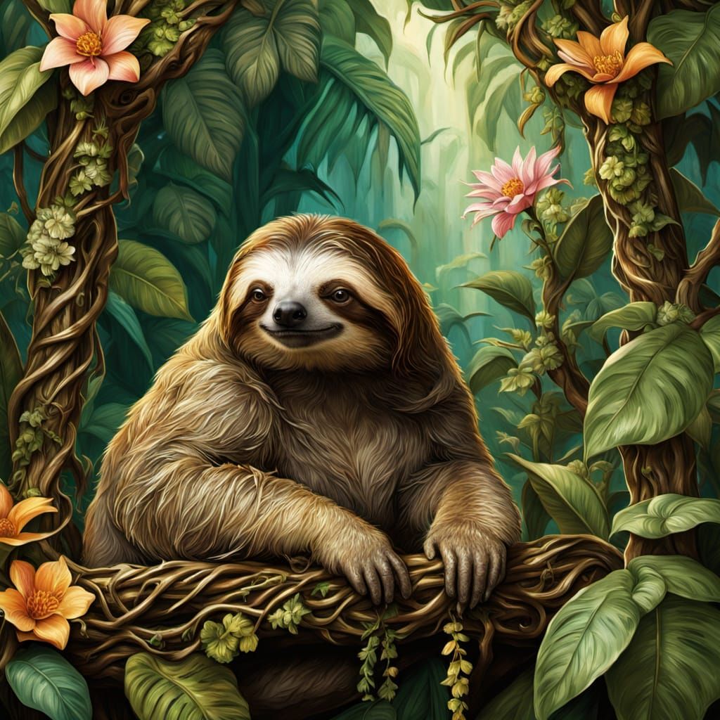 Sloth King in Lush Jungle Throne, Mythic Fantasy Style