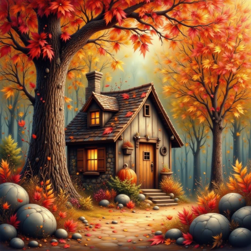 Dreamy Autumn Cottage in Luminous Forest