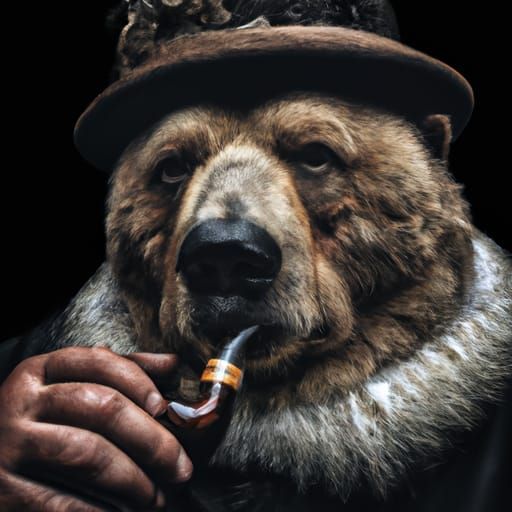 Grizzly Bear Portrait in Clothes Smoking Pipe