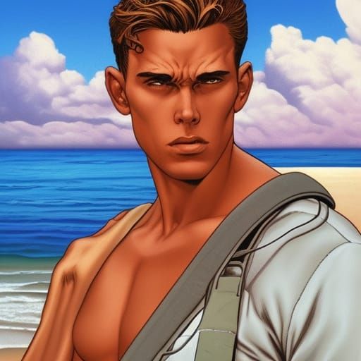 Lifeguard on Beach: Comic Book Art Style