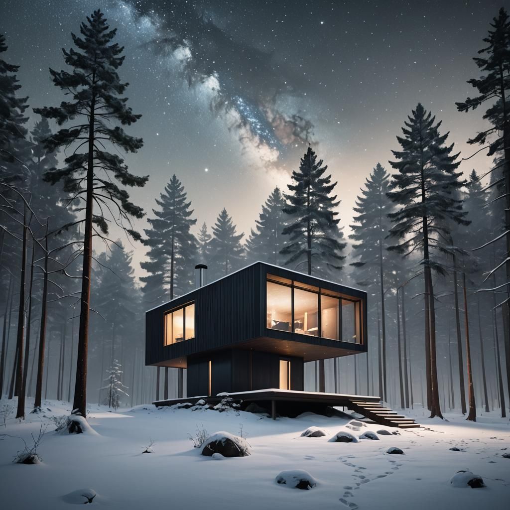 Minimalist Cabin in Forest Under Starry Sky