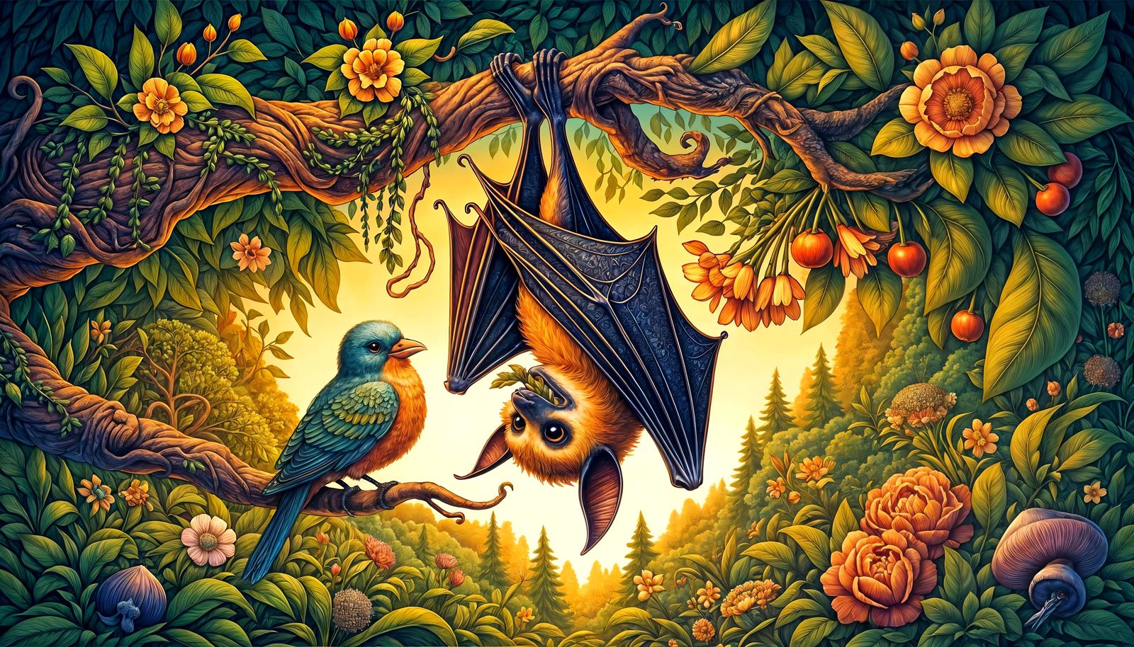 Whimsical Bat and Bird Duo in Lush Garden