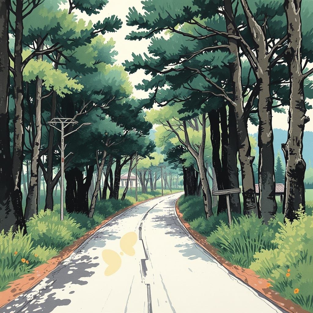 Japanese Roadside Nature Scene in Ukiyo-e Style