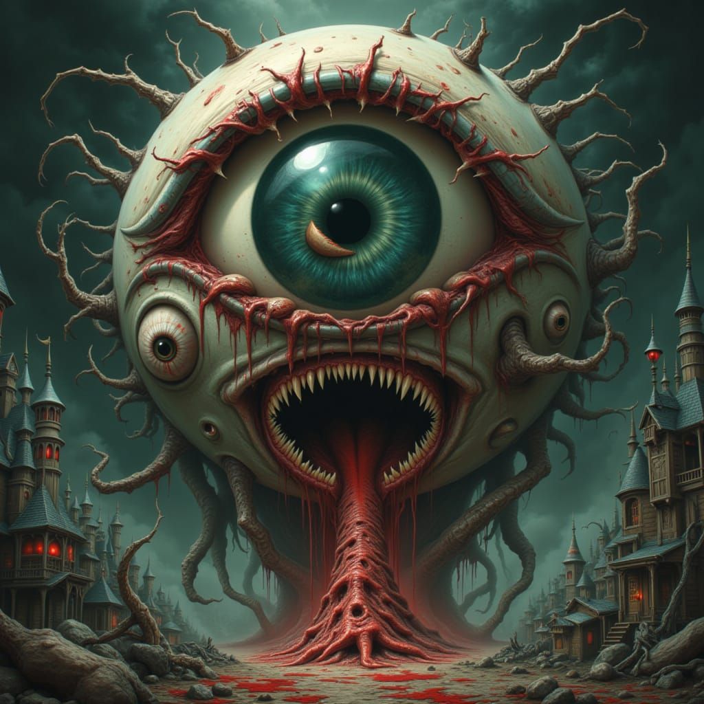 Creepy Eyeball Monster with Steampunk Town, Fantasy Art Styl...