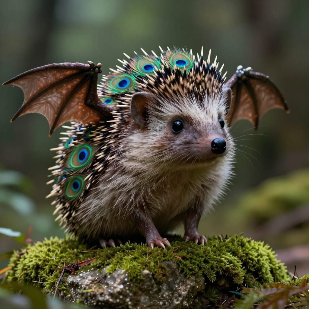 Whimsical Hedgehog-Peacock-Dragon Hybrid Creature