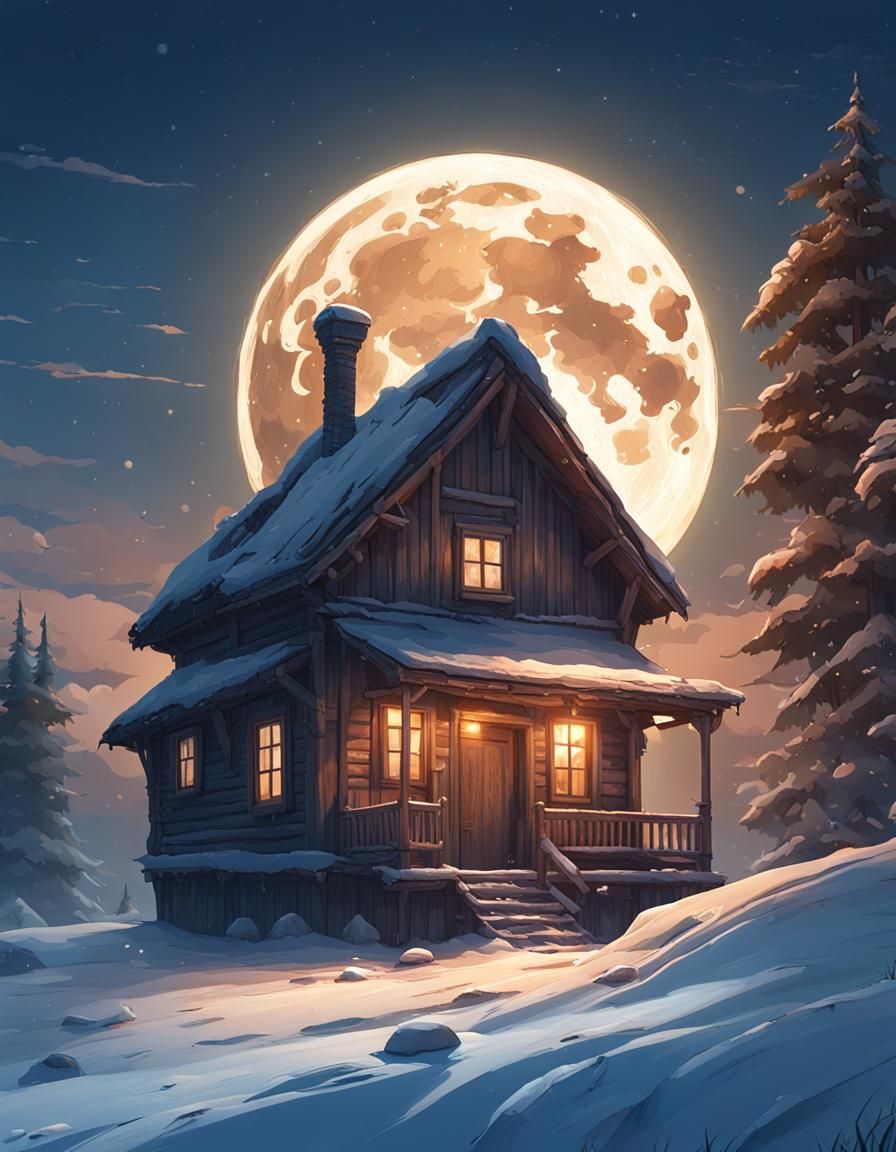 Snowy Landscape with Moonlit House Illustration