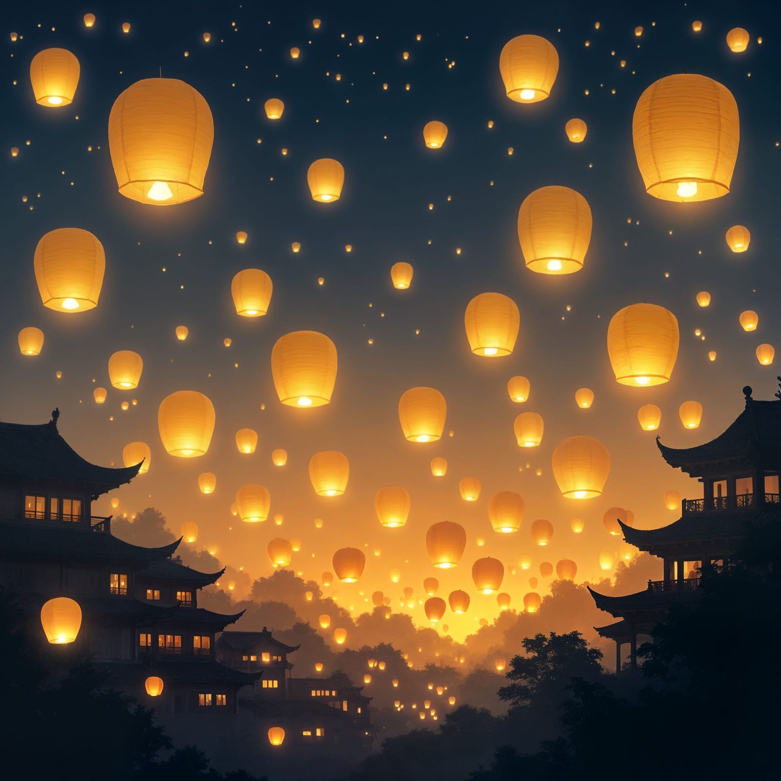 Sky Filled With Flying Lanterns In Golden Haze