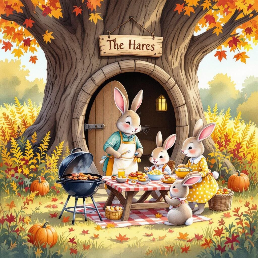 Whimsical Watercolor Gouache of Rabbit Family's Autumn Picni...