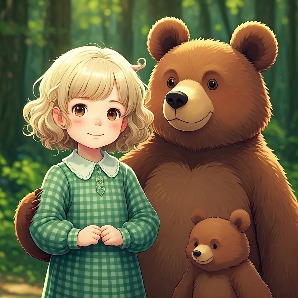 Girl and Bears in Anime Style