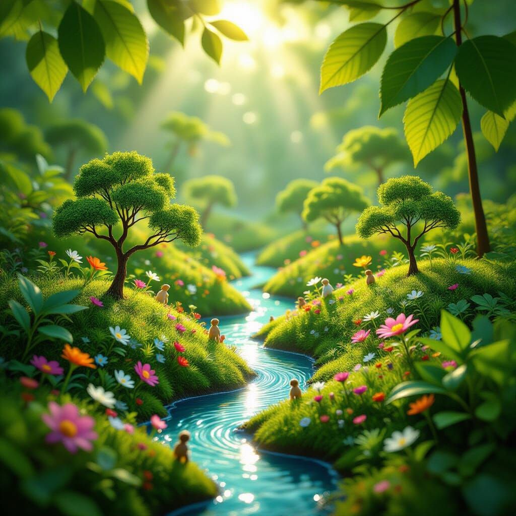 Microscopic World Within a Leaf, Hyperrealist Nature Scene