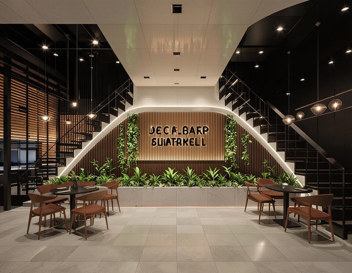 Elegant Black Restaurant Interior With Greenery and Wood Sla...