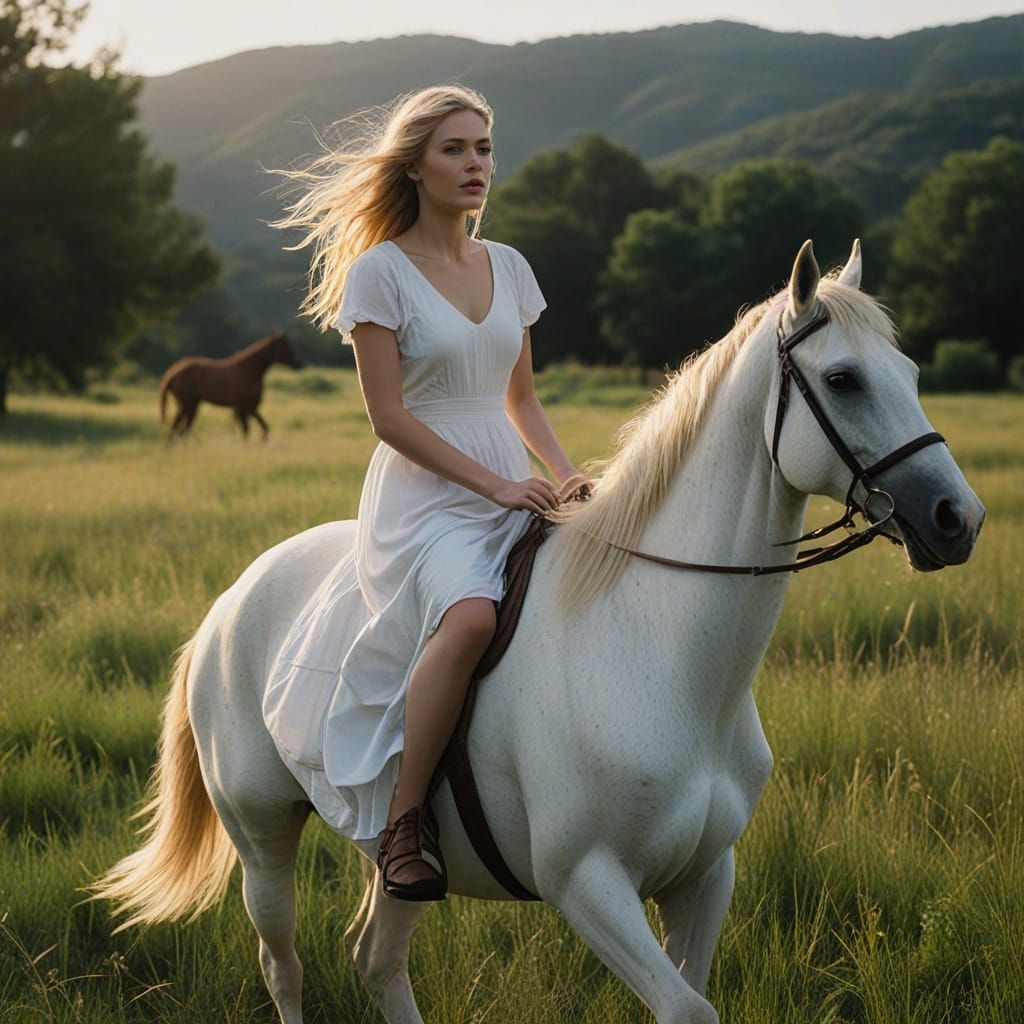 Woman Rides Horse Through Field in Oil Painting Style