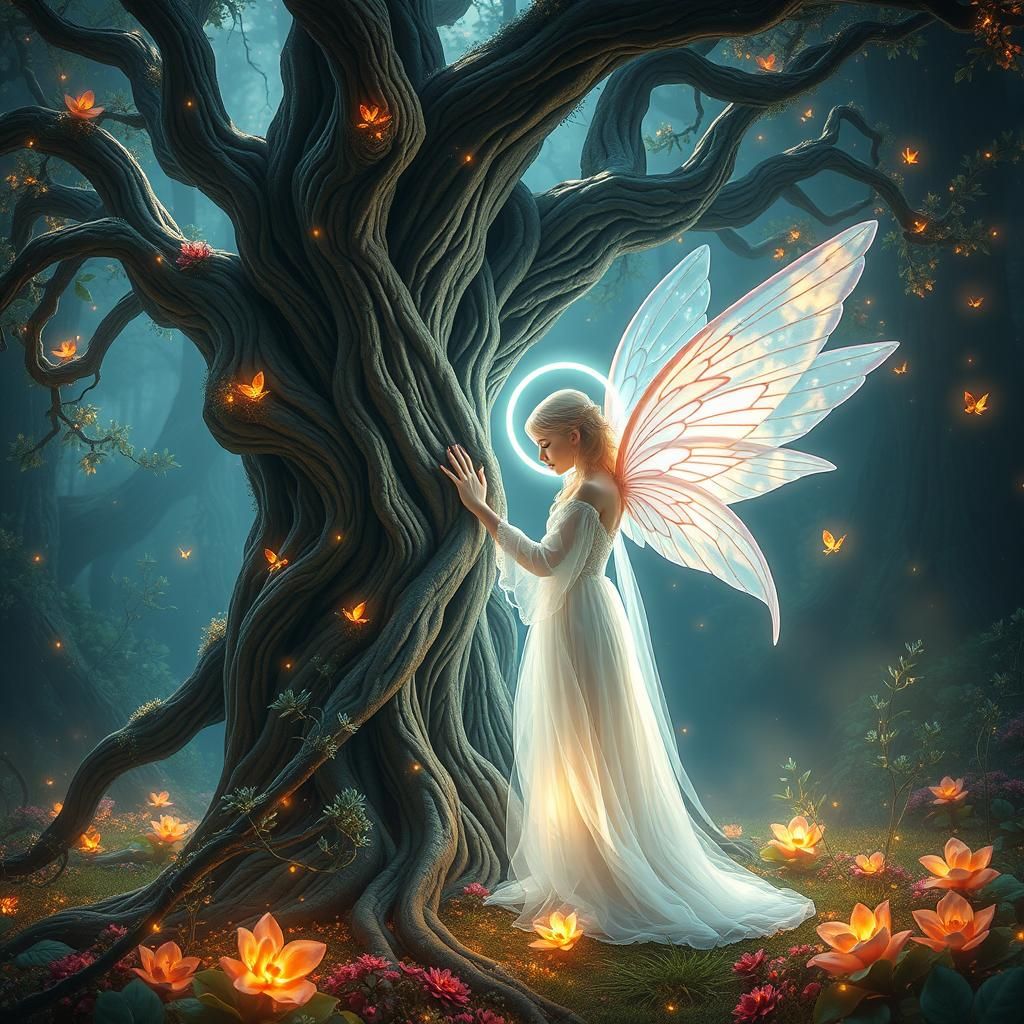Winged Woman Protects Mystical Grove in Surreal Landscape