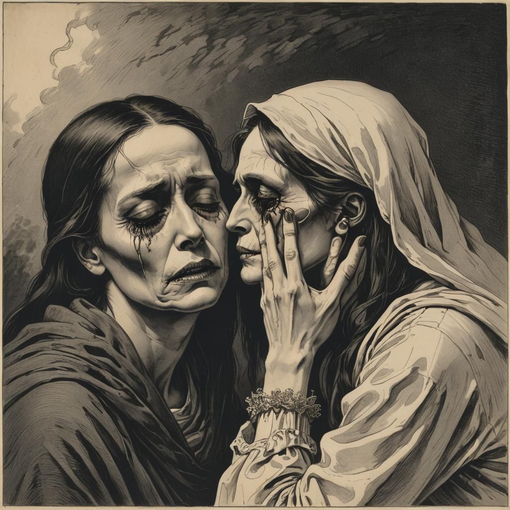 Sorrow: Death Whispering Over a Crying Woman