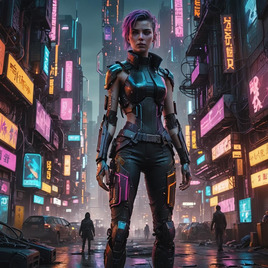 Hyperrealistic 16k rendering of a female protagonist in a dy...