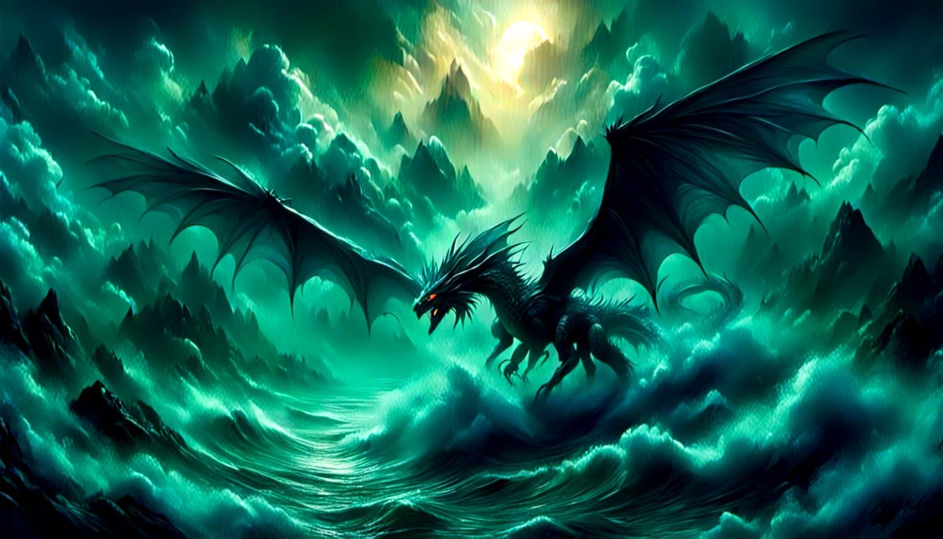 Bahamut Dragon Gliding Through Stormy Clouds