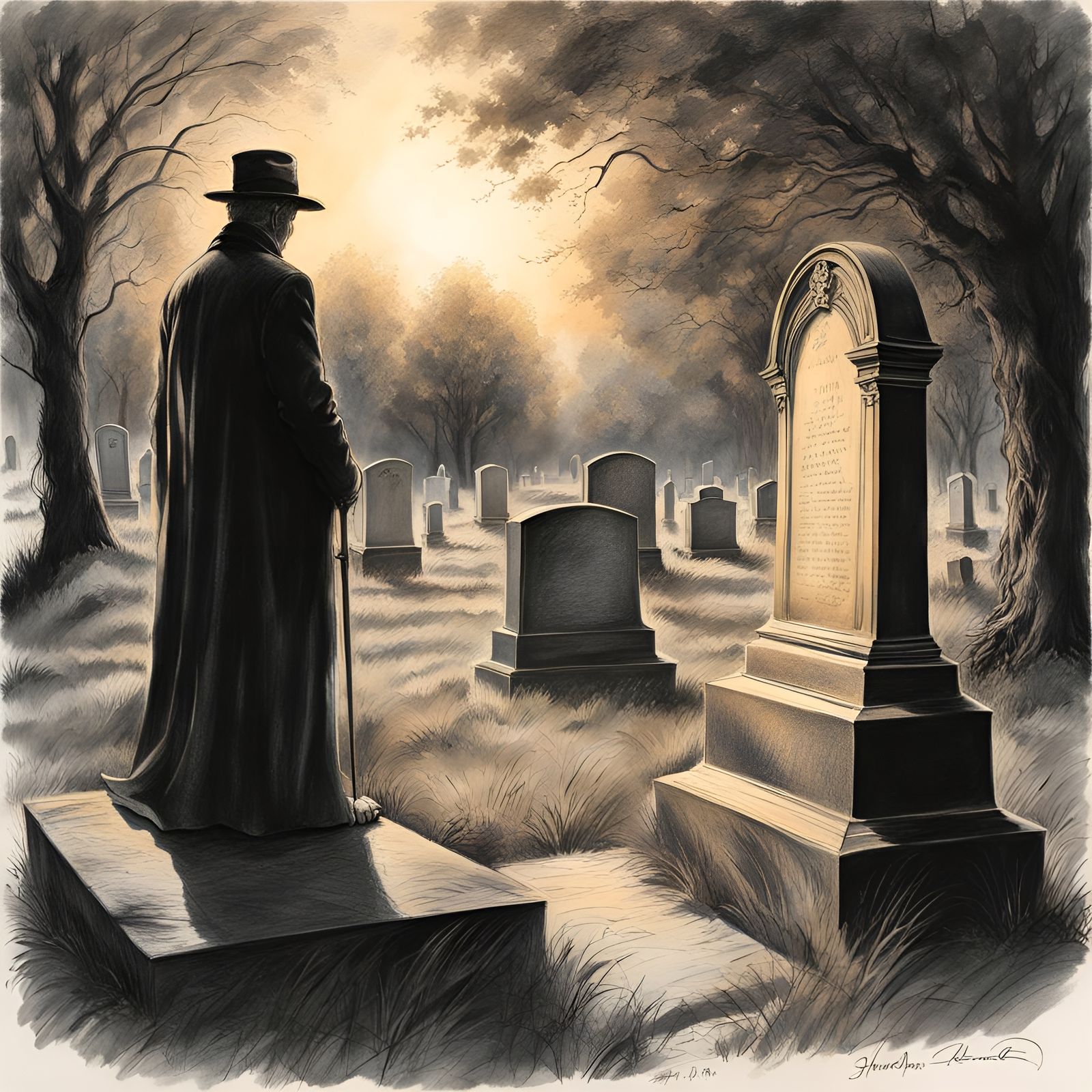 Charcoal Drawing: Lonely Man at Wife's Grave