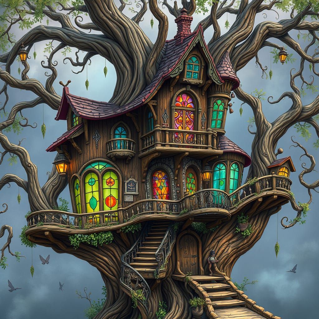 Whimsical Treehouse with Stained Glass, Fantasy Architecture