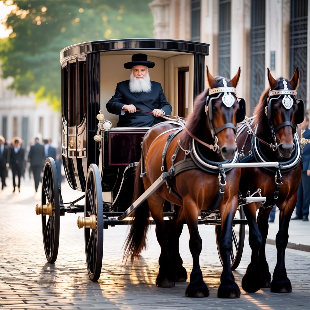 Rebbe of Sanz in Horse-Drawn Carriage on Cobblestone Street