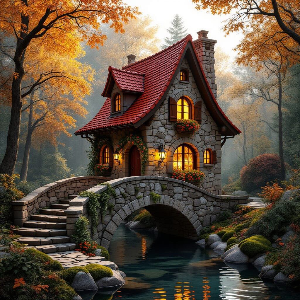 Magical Stone House on Forest Bridge in Autumn