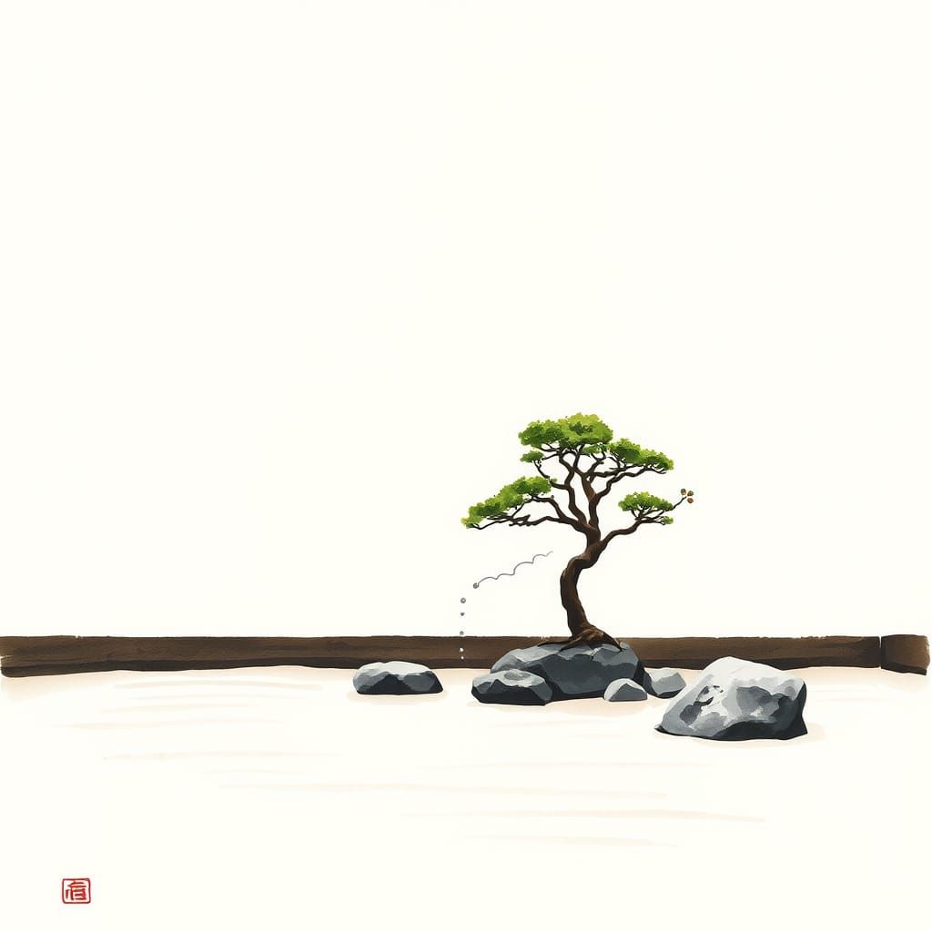 Zen Garden Serenity: Raked Sand, Bonsai & Mist
