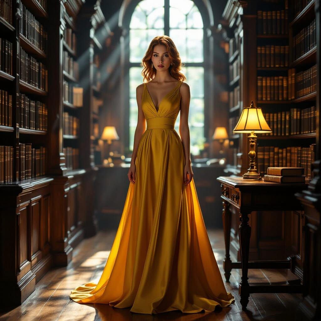 Woman in Elegant Dark Yellow Dress in Antique Library