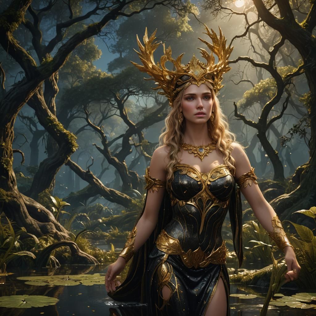 Aphrodite in Swamp Forest: Hyperrealistic Matte Painting