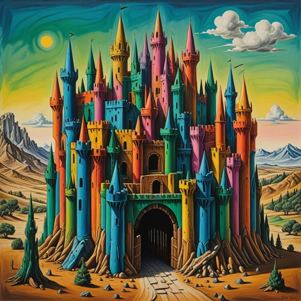 Surreal Crayon Fortress in Salvador Dali Style