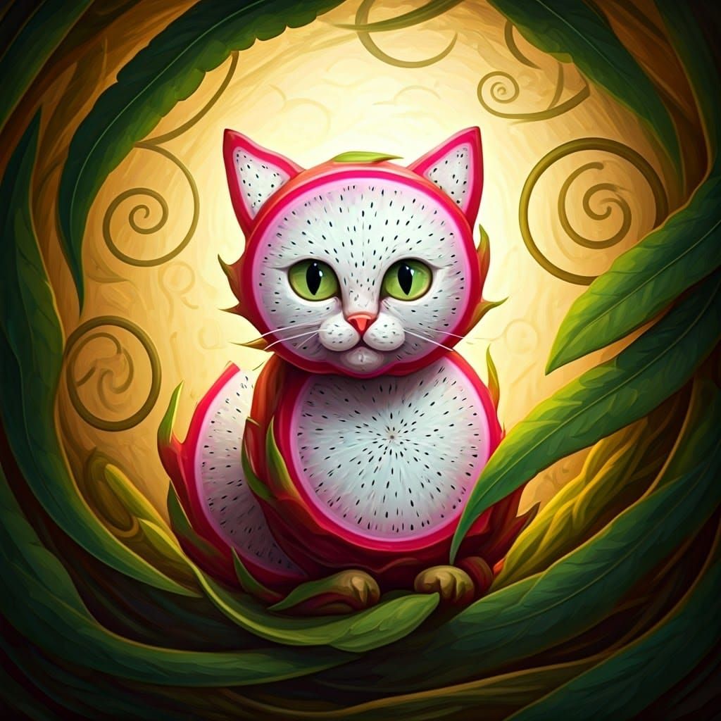 Whimsical Dragonfruit Feline in Impressionist Dreamscape