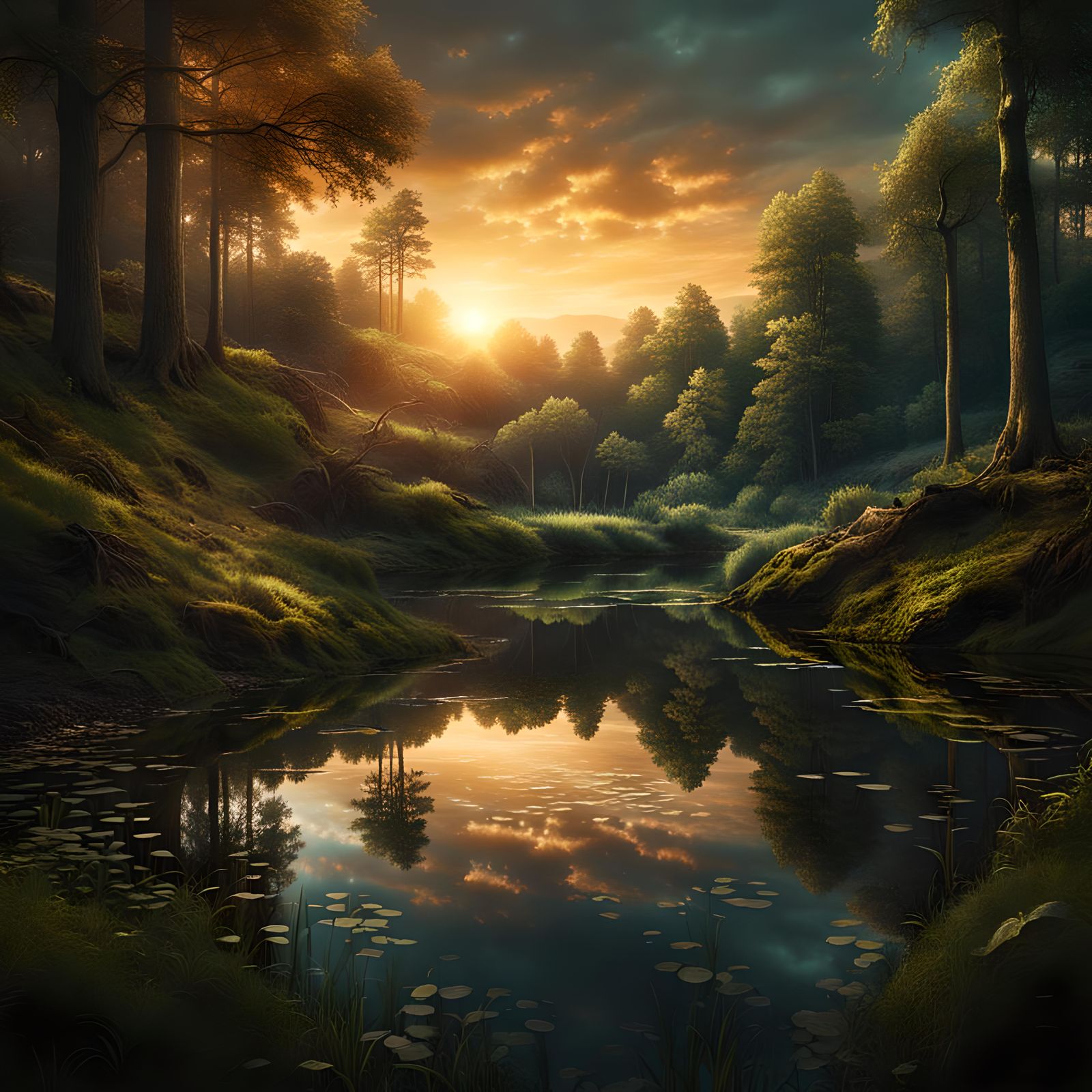 Lonely Pond at Sunset: Epic Digital Painting