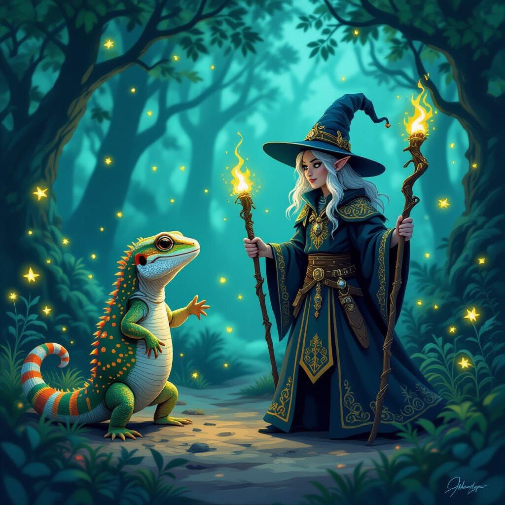 Gecko Confronts Elf Warlock in Mystical Forest