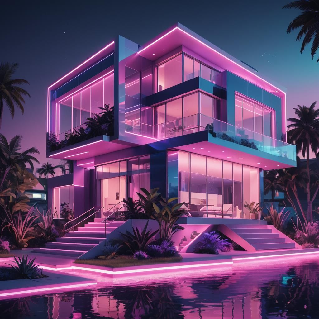 Futuristic Neon House in Cyberpunk Style