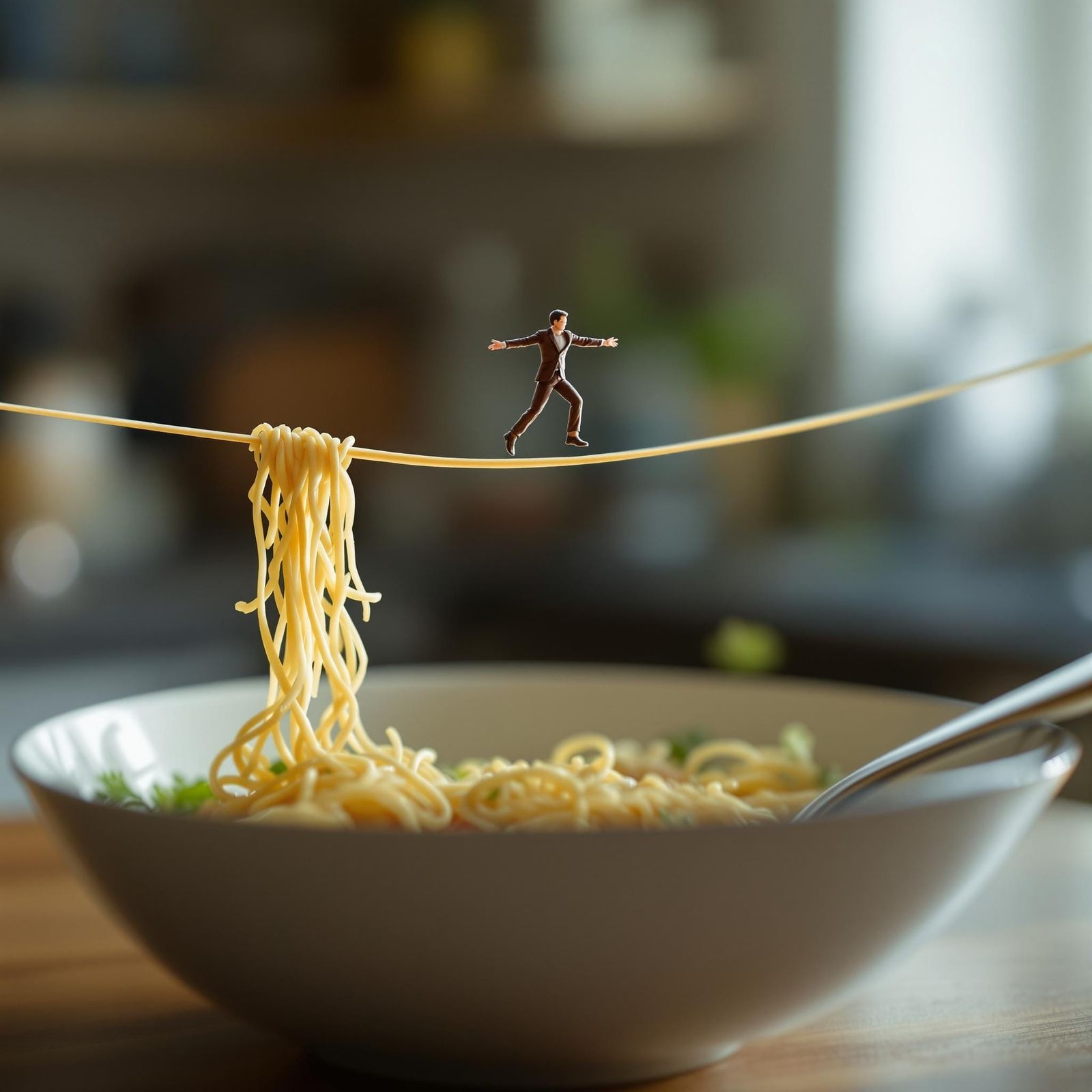 Tiny Tightrope Walker on Noodle Over Bowl