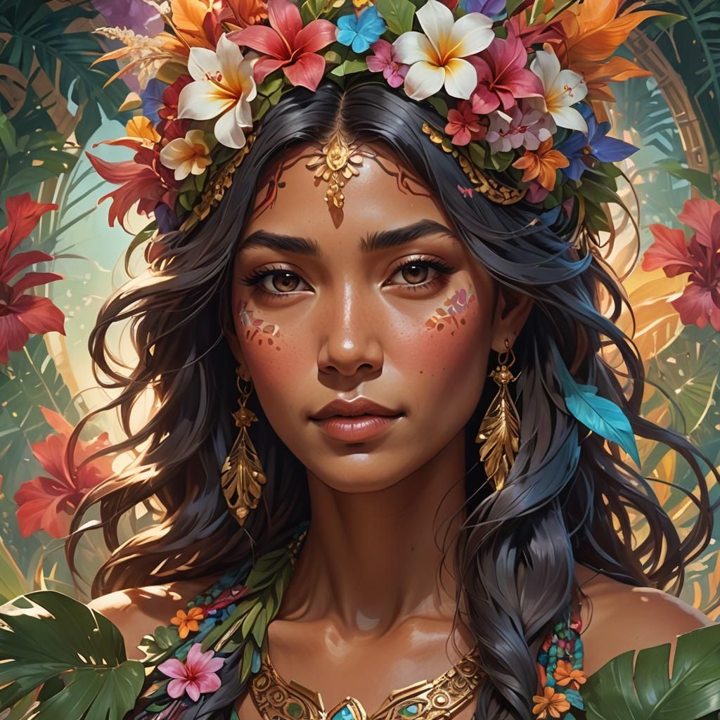 Hawaiian Goddess Portrait in Hyperdetailed Digital Art