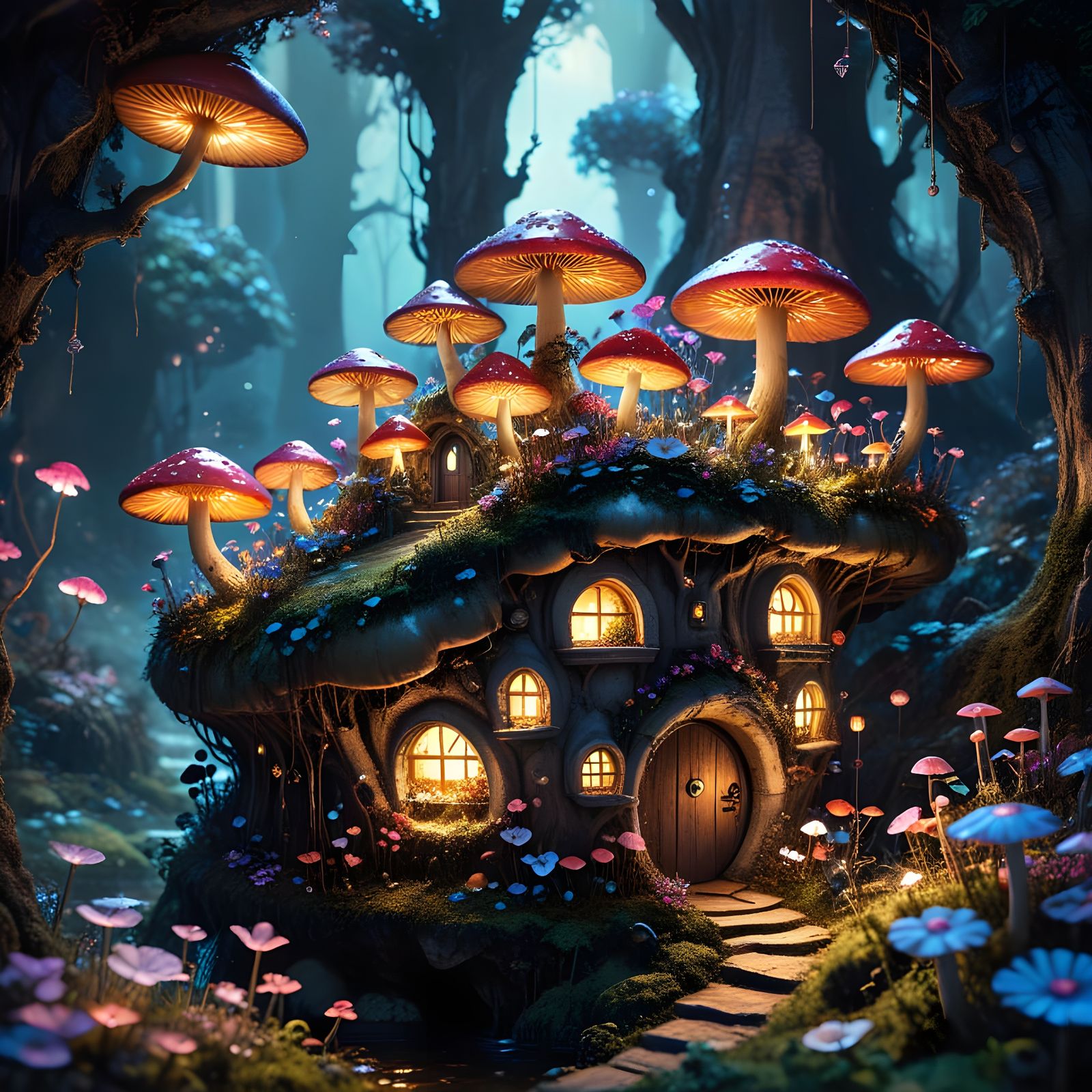Magical Mushroom Village Dreamscape in Digital Watercolor