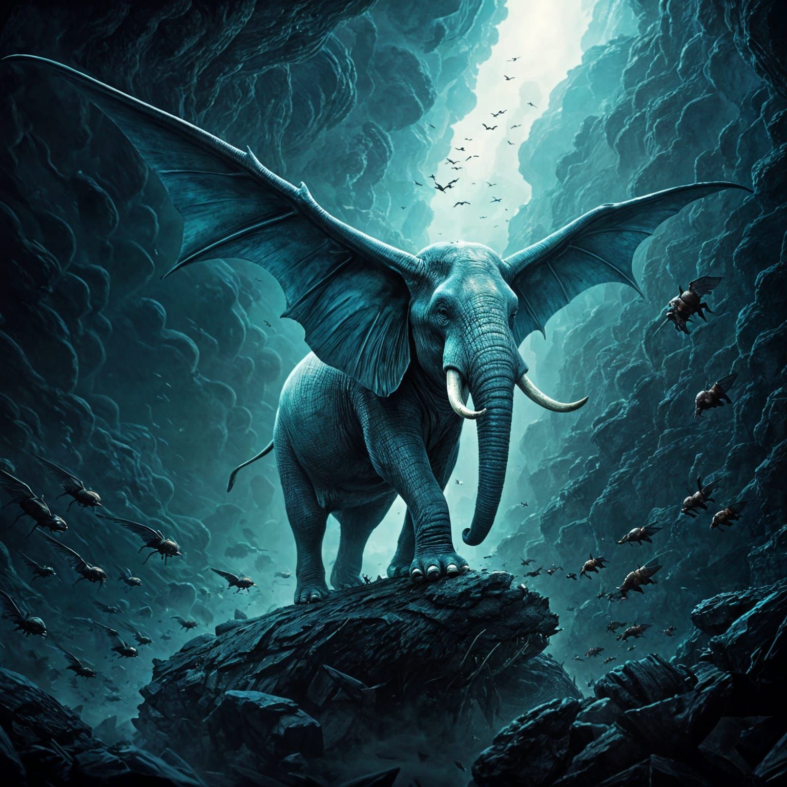 Turquoise Elephant Battles Flying Ants in Fantasy Art