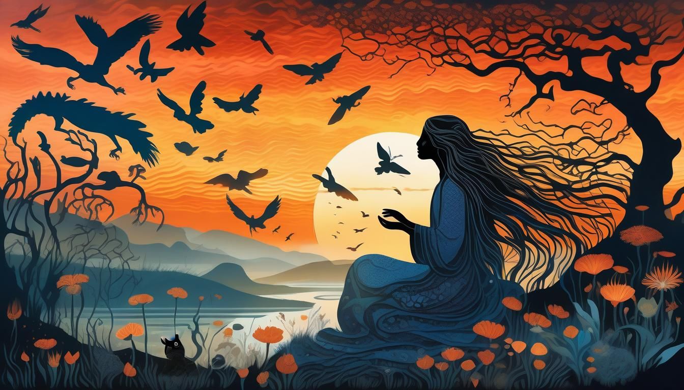 Mystical Creatures Collage at Sunset, High-Resolution Photo