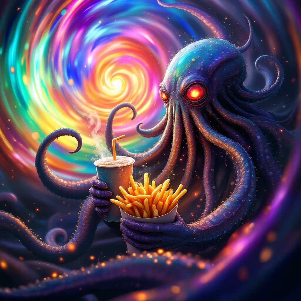 Alien Savoring Human Fast Food in a Vibrant, Fantastical Set...