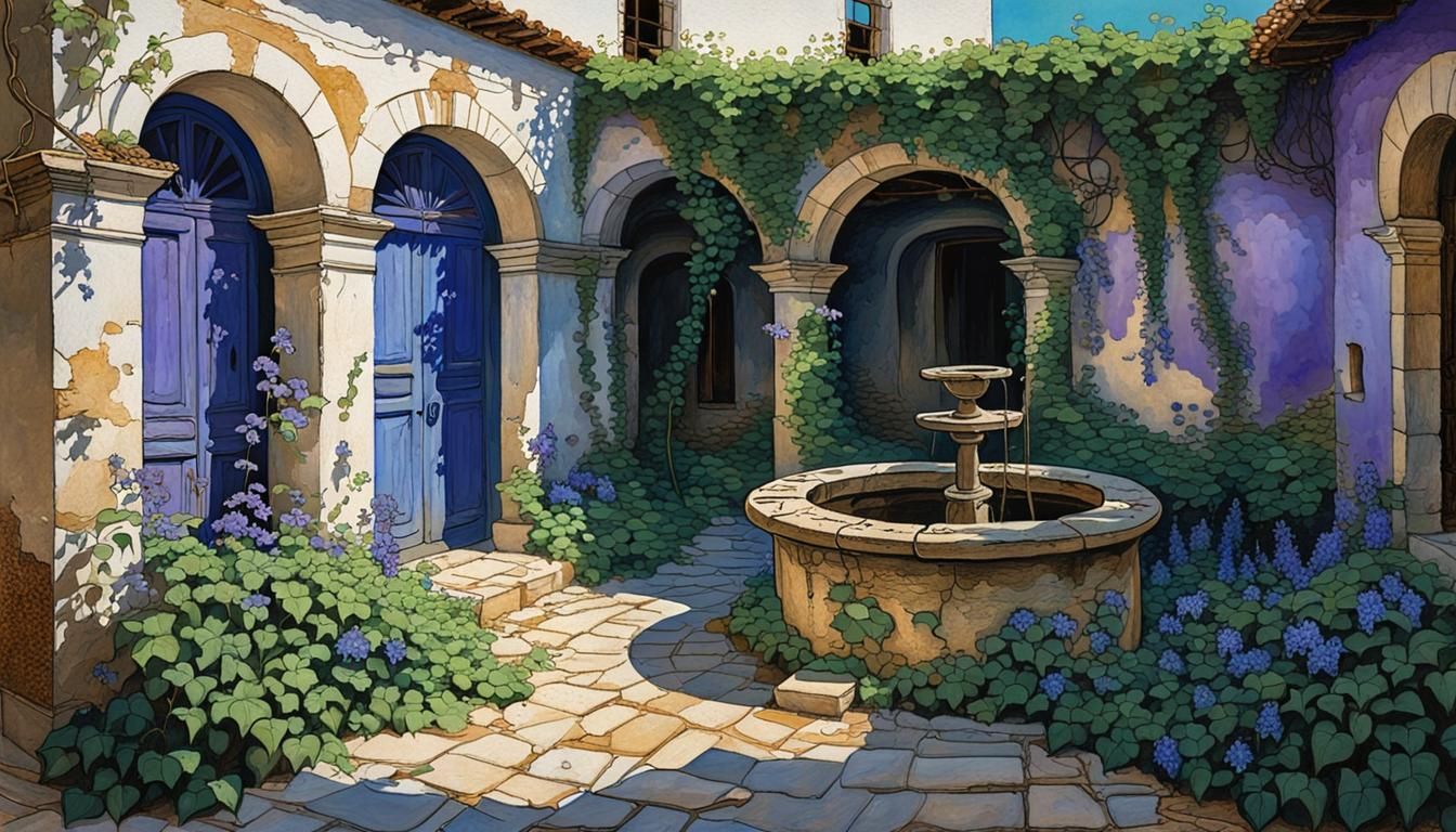 Abandoned Spanish Courtyard Well with Campanula Flowers