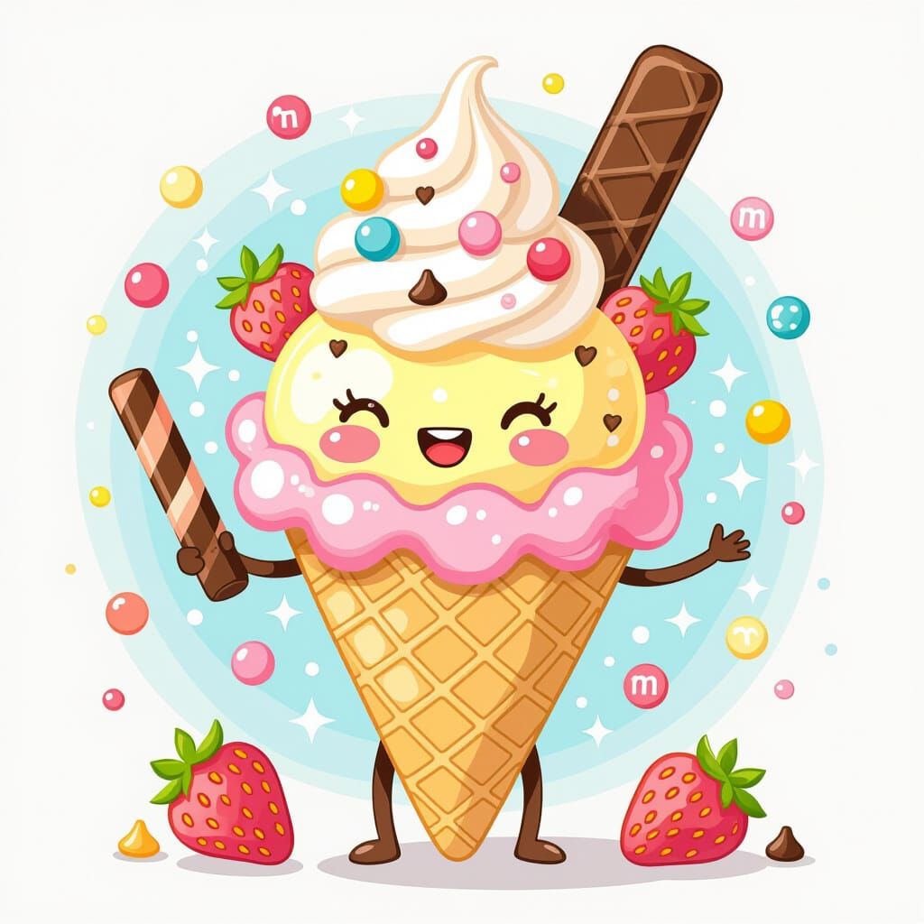 Cute Kawaii Ice Cream Cone Watercolor Illustration