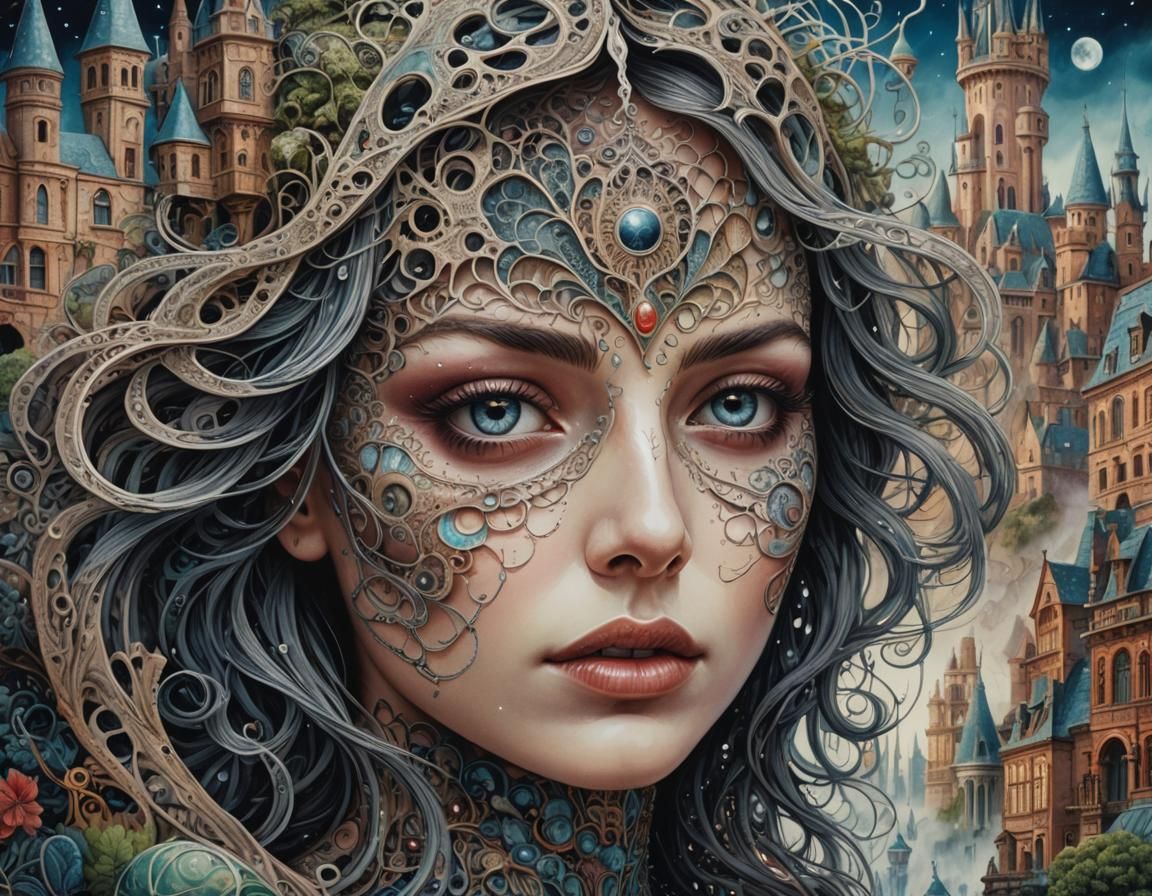 Mystical Cityscape Portrait in Surrealist Style
