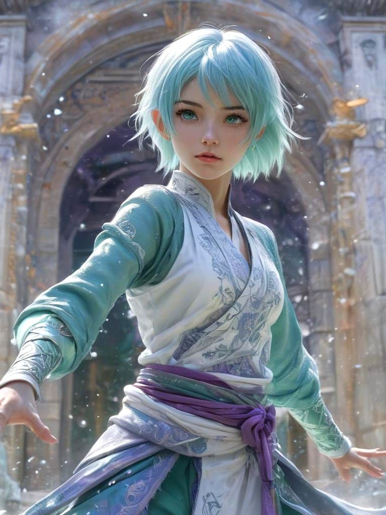 Ice Magician Anime Art in Sacred Temple