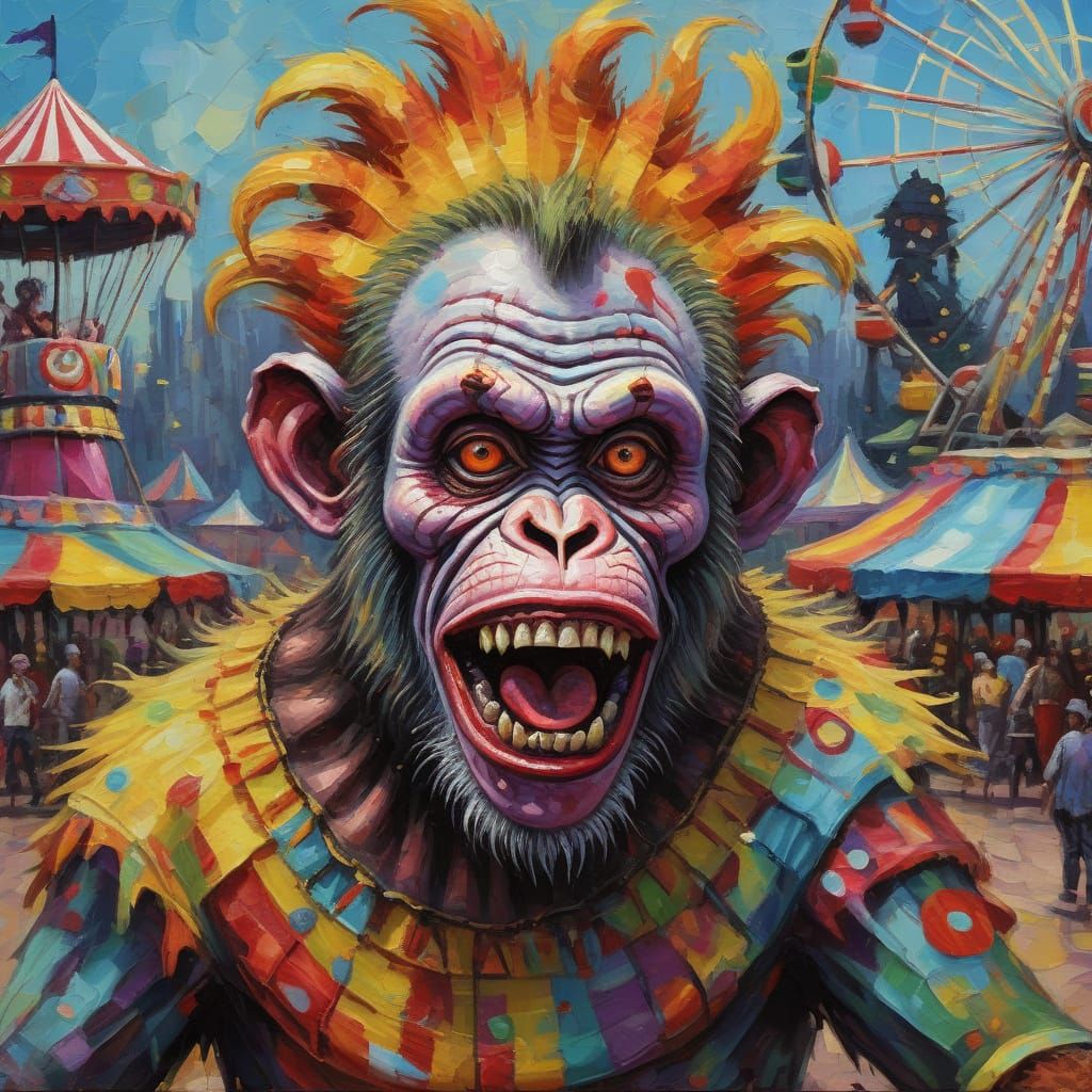 Psychedelic Zombie Monkey Clown Circus in Impasto Style
