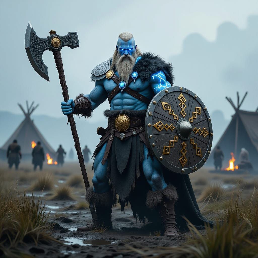 Frost Giant Barbarian on Battlefield with Norse Runes