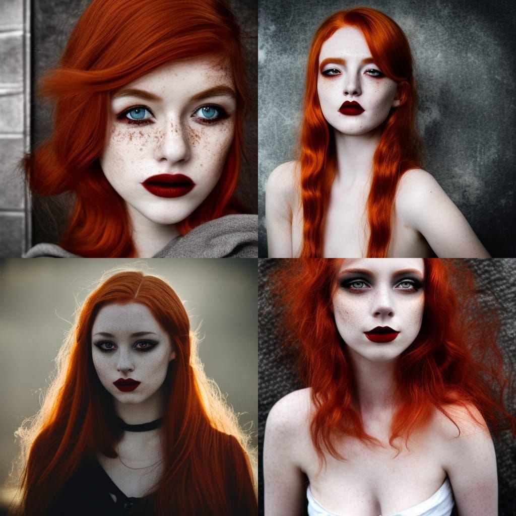 Young lady with fox red hair and Amber eyes and smoky black eyeshadow and Black eyeliner and deep red lipstick and porce...