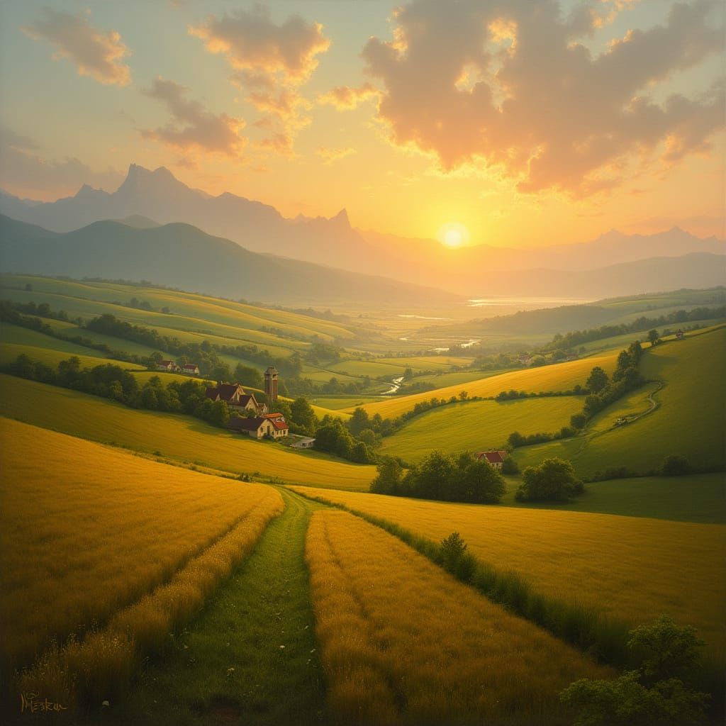 Pastoral Landscape at Sunset in Oil Painting Style