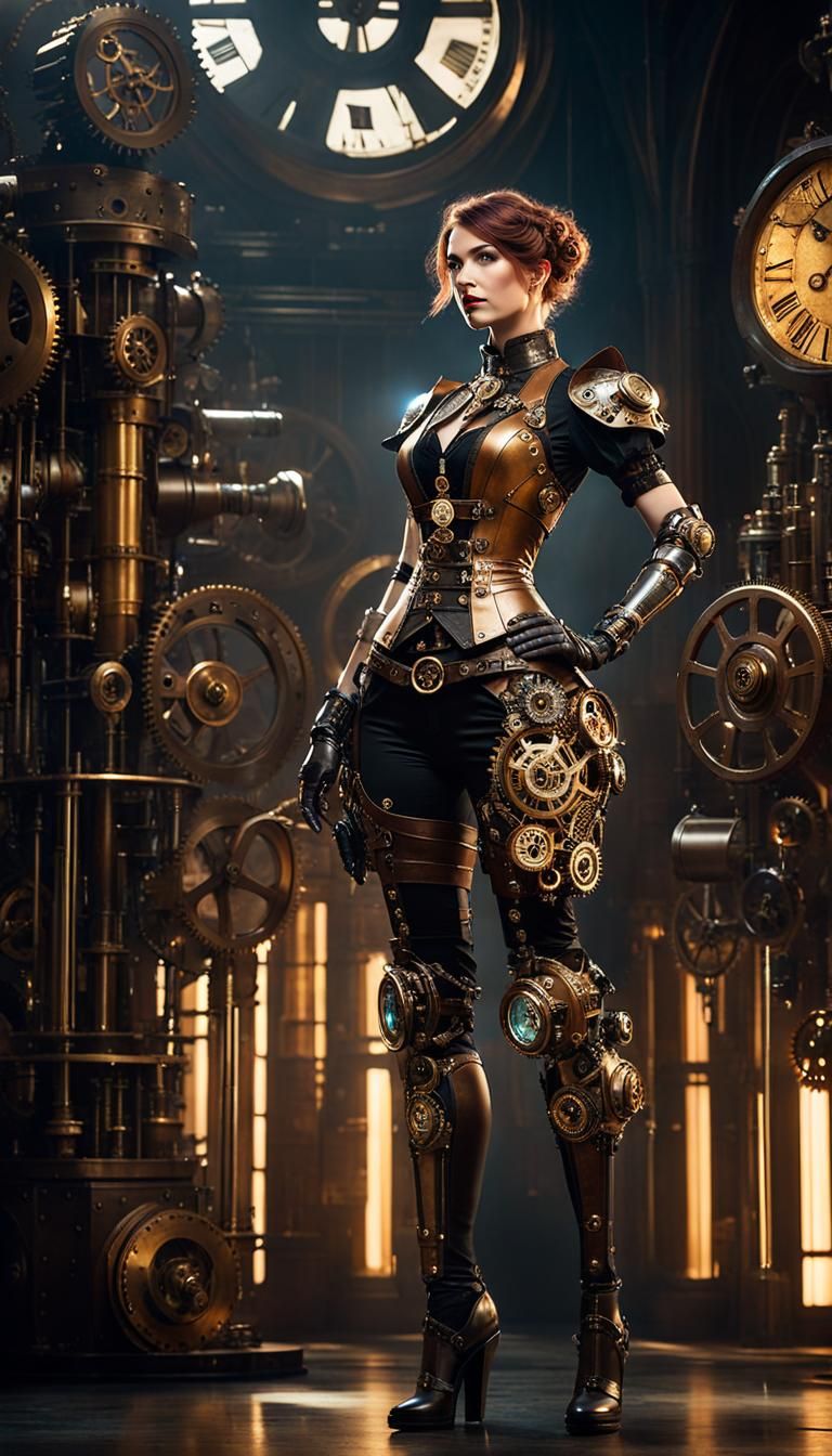 Clockwork Woman in Steampunk World: 3D Render