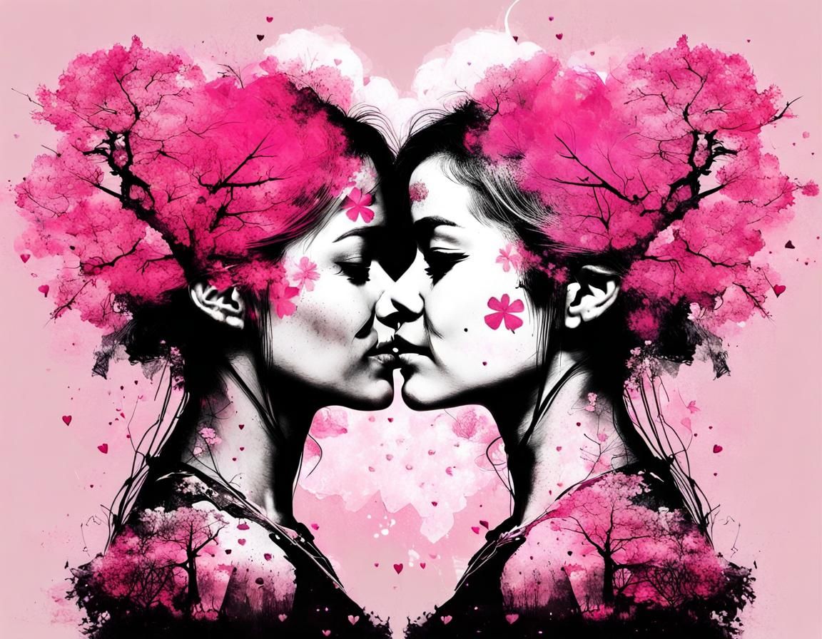Silhouette of Women Embracing with Pink Blossoms